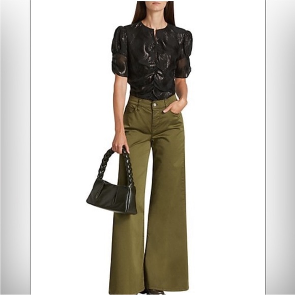 FRAME Sparkly Black Puff Sleeve Ruched Keyhole Metallic V Neck Silk Blend Top S - Picture 4 of 12